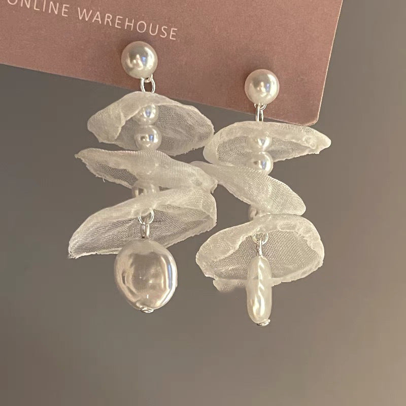 Silver Needle Inlaid with Diamonds and Pearls Flower Tassel Earrings Niche Style Atmosphere Earrings Fashionable Light Luxury High-end Earrings