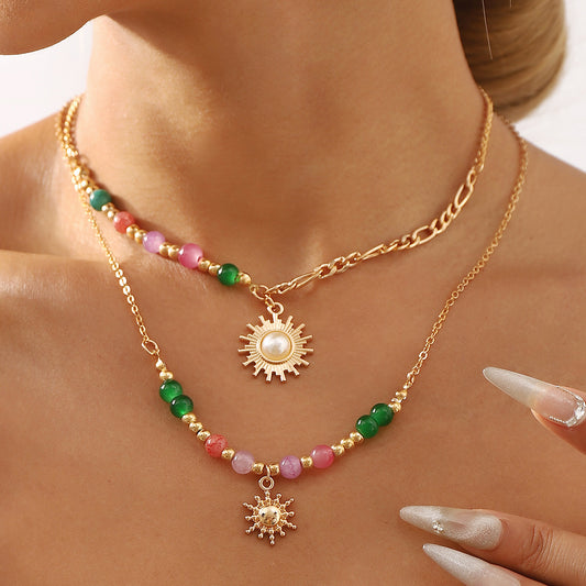 N12095 New Chinese Retro Sun Inlaid Pearl Necklace Ins Style High Sense Micro Glass Bead Twin Clavicle Chain