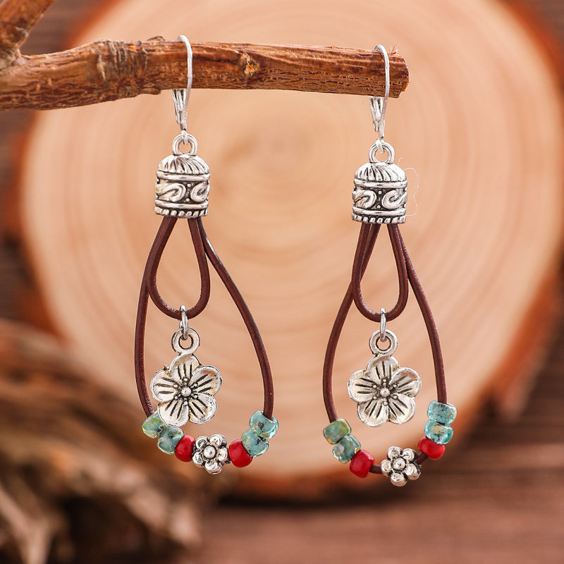 Ethnic Bohemian Style Leather Rope Flower Earrings Flower-shaped Jade Earrings Beaded Elegant Niche Simple Female