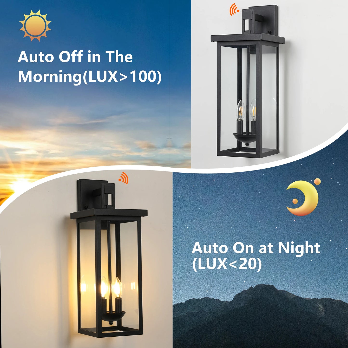 22"(H) Outdoor Wall Lantern with Dusk to Dawn Sensor Matte Black Finish Clear Glass Panels Weatherproof Exterior Light