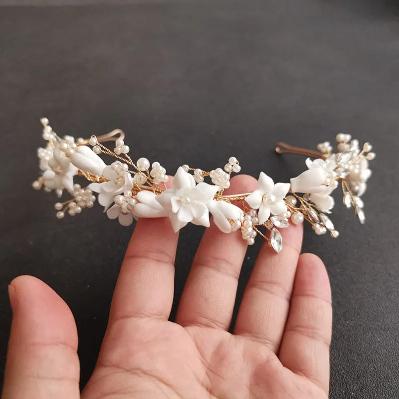 SLBRIDAL Handmade Luxury Rhinestones Crystal Pearls Ceram Flower Bridal Tiara Wedding Bridesmaids Crown Women Hair Jewelry