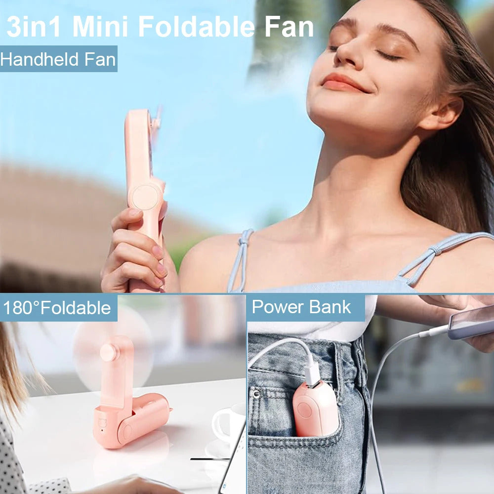 Portable Mini Fan 2000mAh USB Rechargeable 3 Speed Handheld Foldable Fan Hand Held Small Pocket Travel Fan with Handy Power Bank