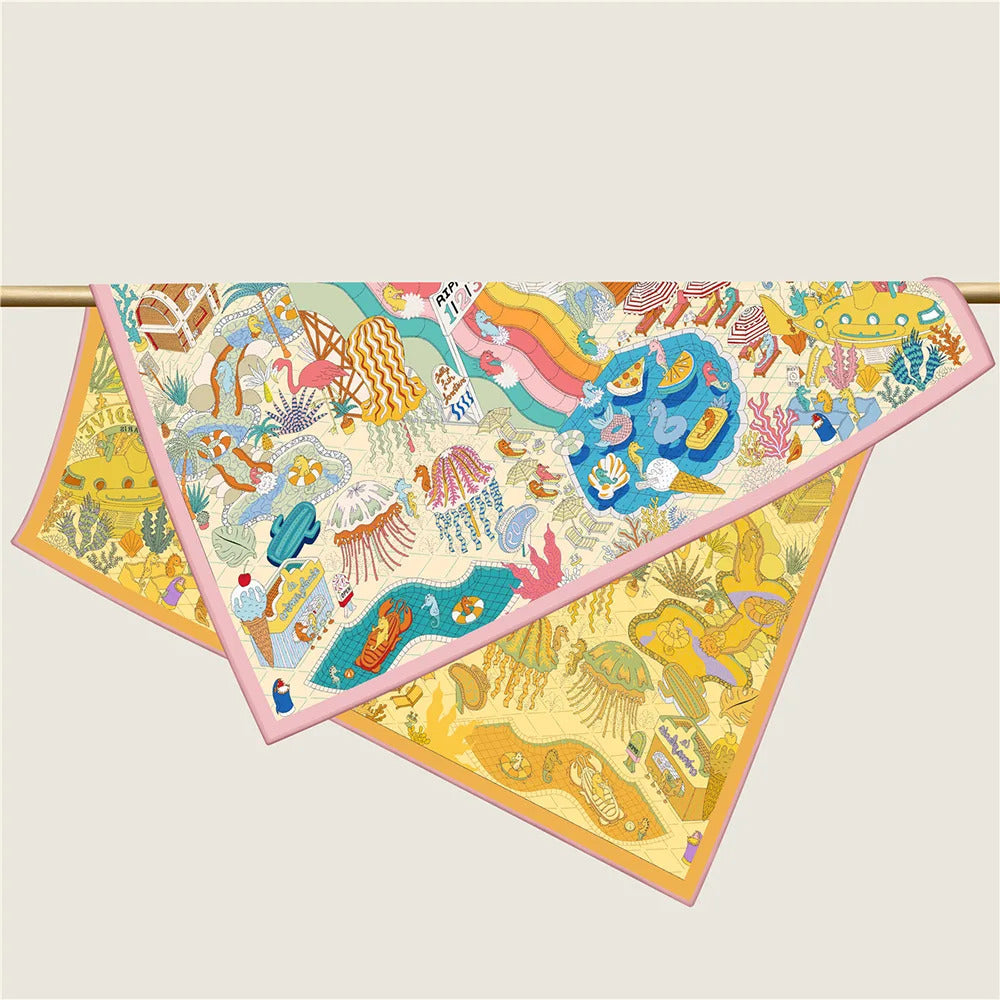 90Cm High-quality Twill Silk Double-sided Printing Submarine Playground Women's Large Square Scarf Scarf Chest Wrap Scarf