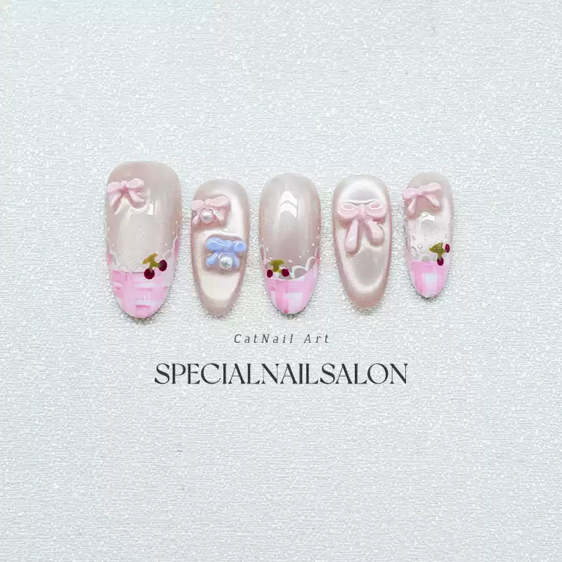 Princess Complex" Handmade Press-on Nails, Pink French Style with Sweet Bowknots, High-end Cat Eye & Whitening Nail Art
