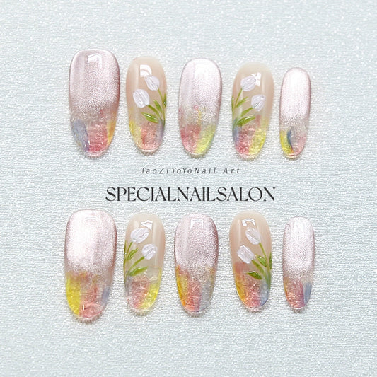 "Silver Sand Dream" Handmade Press-on Nails, Gradient Contrast Color with High-end Whitening, Gentle Ambient Vibe Nail Art