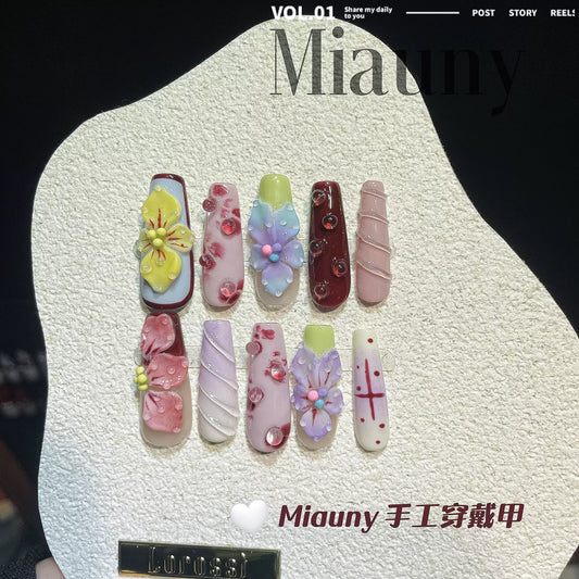 Y2K Euro-American Hot Girl 3D Carved Handmade Press-on Nails, Haute Couture 3D Tropical Floral Multicolor Wearable Nails