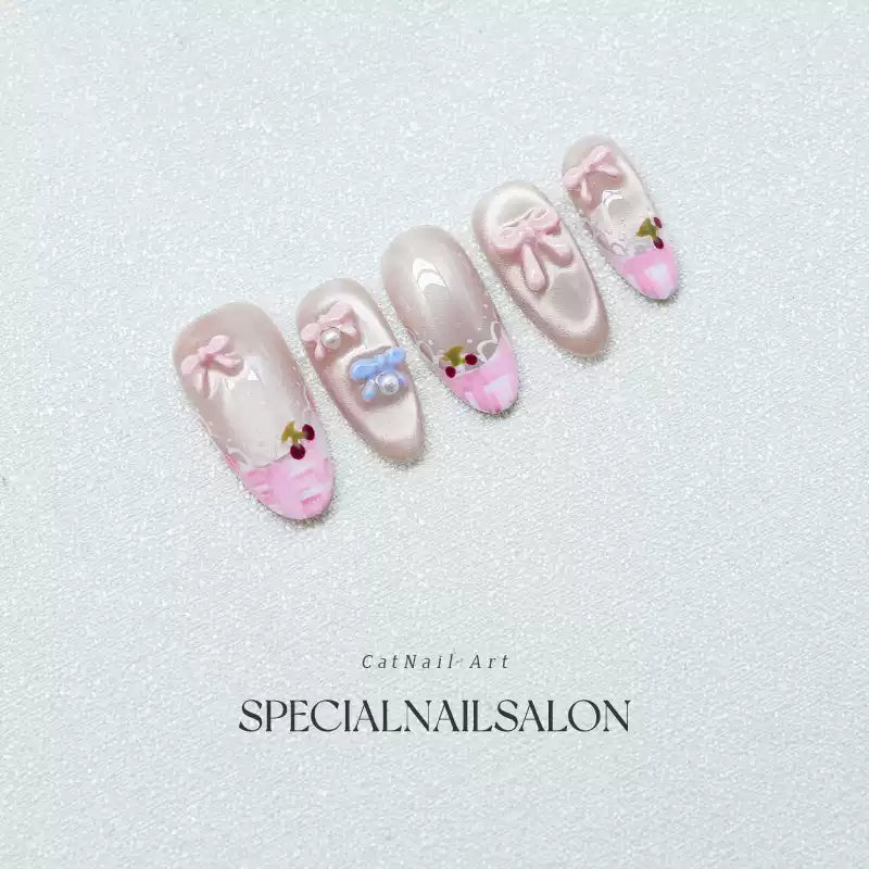 Princess Complex" Handmade Press-on Nails, Pink French Style with Sweet Bowknots, High-end Cat Eye & Whitening Nail Art