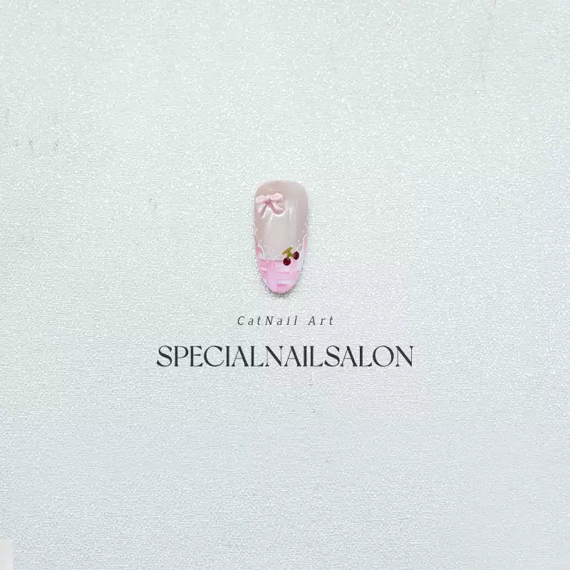 Princess Complex" Handmade Press-on Nails, Pink French Style with Sweet Bowknots, High-end Cat Eye & Whitening Nail Art