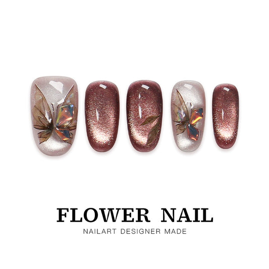 Hua Zhi "Withered Wood Butterfly" Handmade Butterfly Press-on nails, Cat Eye Medium Length, Maillard Aesthetic, 2025 New Style