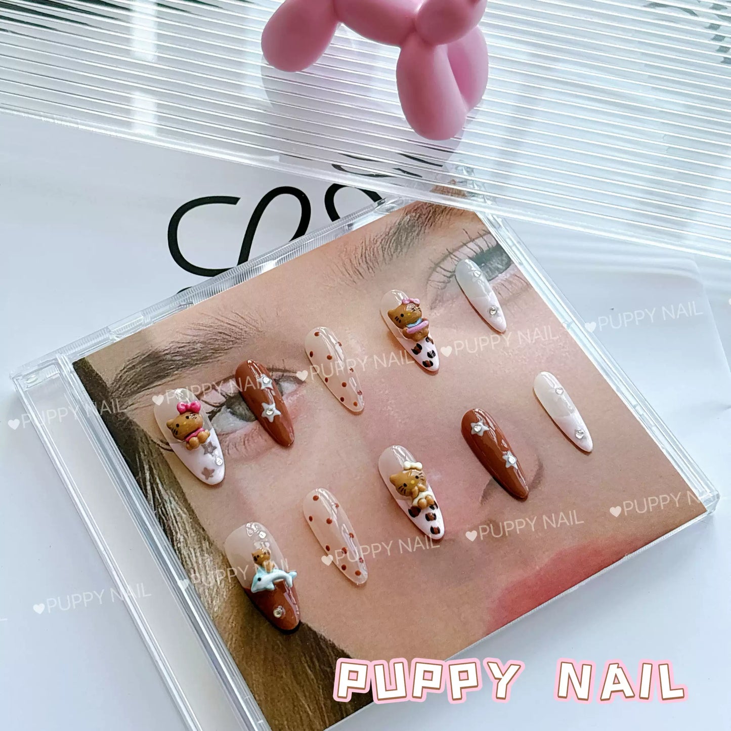 PUPPY Home Black Skin Kitty Sweet and Cool Hot Girl Pink Long Oval Press-on Nails, Y2K Millennium Leopard Print Nail Art