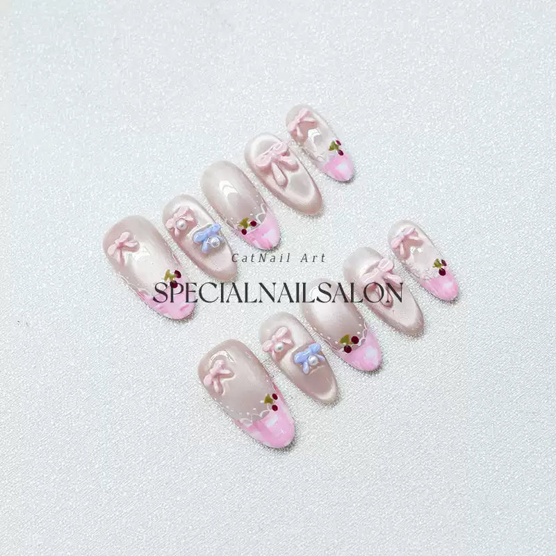 Princess Complex" Handmade Press-on Nails, Pink French Style with Sweet Bowknots, High-end Cat Eye & Whitening Nail Art