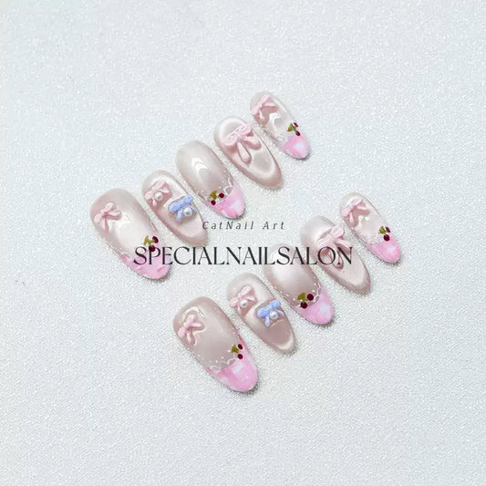 Princess Complex" Handmade Press-on Nails, Pink French Style with Sweet Bowknots, High-end Cat Eye & Whitening Nail Art
