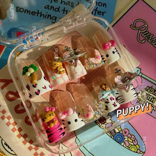 PUPPY Home Leopard Print Hello Kitty Duck-Bill Y2K Hot Girl Press-on Nails, Sweet and Cool European-American Style Cute Nail Art