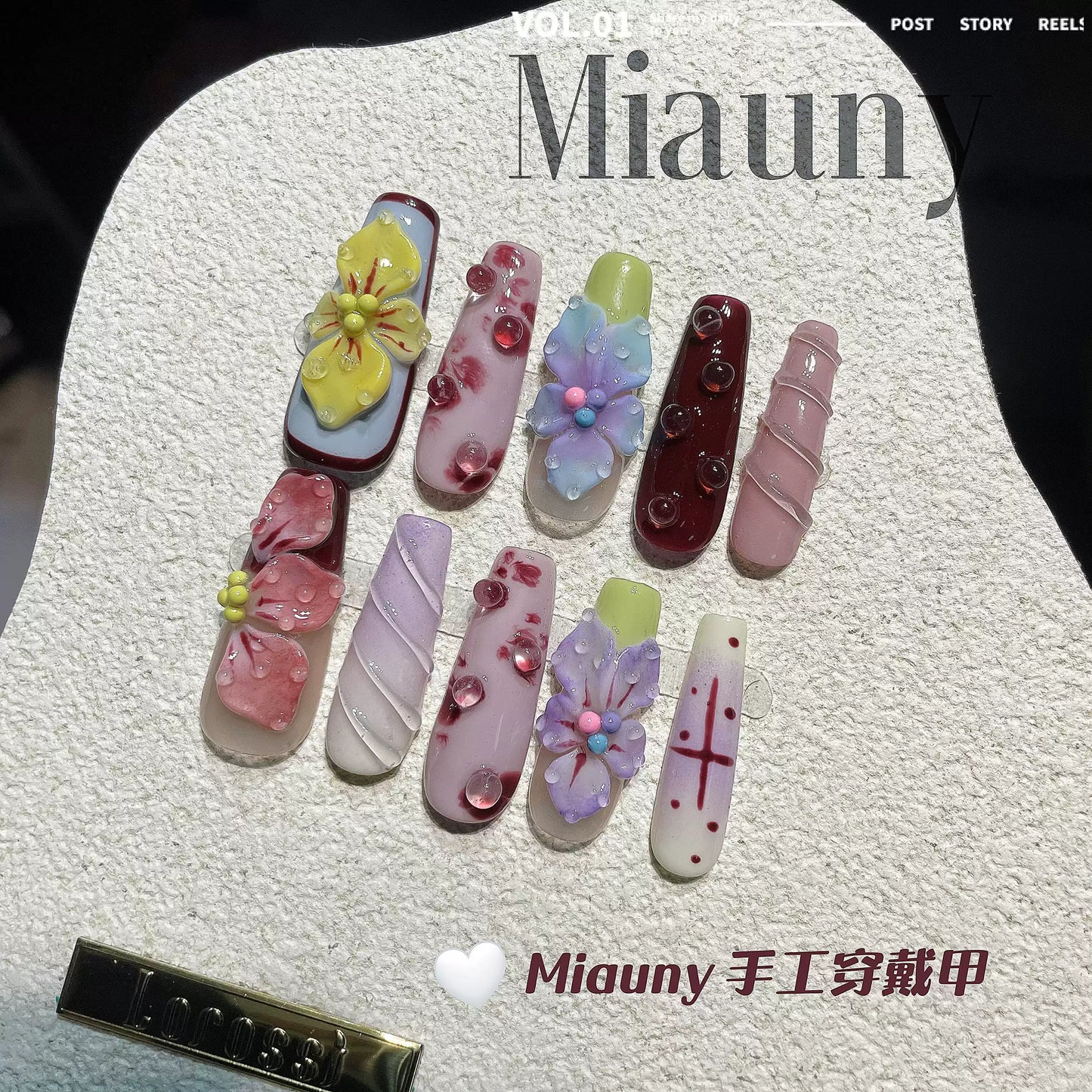 Y2K Euro-American Hot Girl 3D Carved Handmade Press-on Nails, Haute Couture 3D Tropical Floral Multicolor Wearable Nails