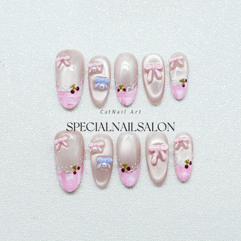 Princess Complex" Handmade Press-on Nails, Pink French Style with Sweet Bowknots, High-end Cat Eye & Whitening Nail Art