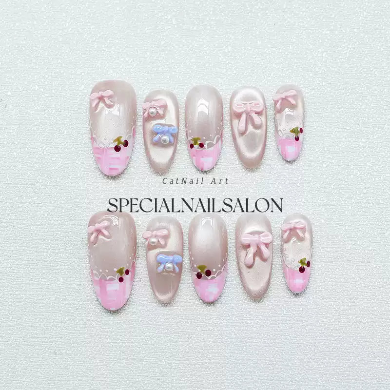 Princess Complex" Handmade Press-on Nails, Pink French Style with Sweet Bowknots, High-end Cat Eye & Whitening Nail Art