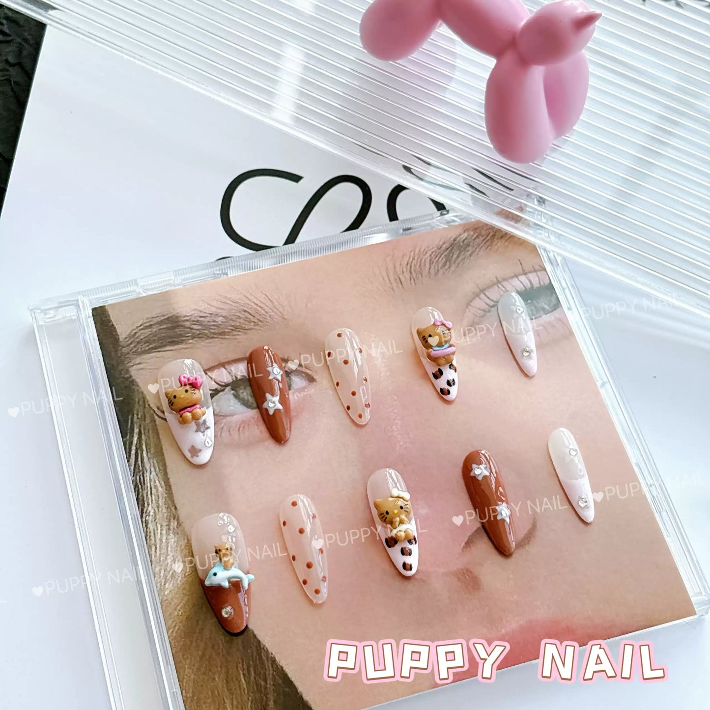 PUPPY Home Black Skin Kitty Sweet and Cool Hot Girl Pink Long Oval Press-on Nails, Y2K Millennium Leopard Print Nail Art