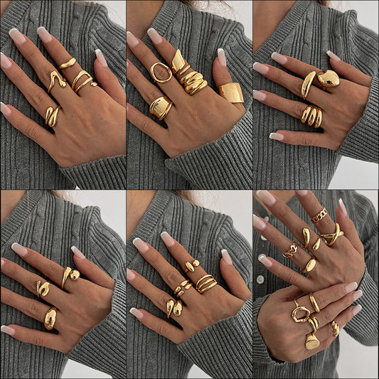 Hand Jewelry Personality Smooth Irregular Geometric Joint Ring Hip Hop Style Women's Ring Set