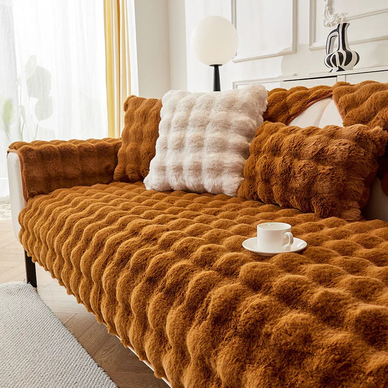 Rabbit Plush Sofa Cover Winter Thickening Warm Plush Cushions Non-Slip Living Room Leather Sofa Backrest Armrests Super Soft