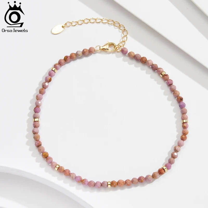 ORSA JEWELS 925 Silver Purple Mica Stone Beads Anklet Light Luxury High Quality Stone Foot Chian Delicate Anklet Jewelry SA90