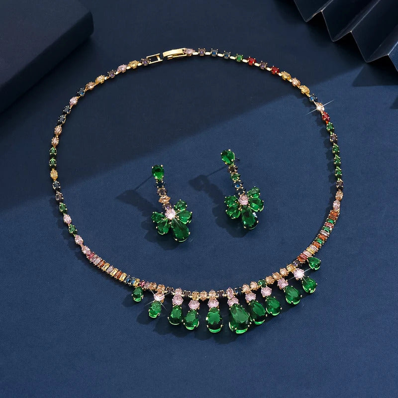 3PC Women's Fashion Zircon Water Drop Necklace Earrings Jewelry Set Design Sense Wedding Party Festival Gift-8563