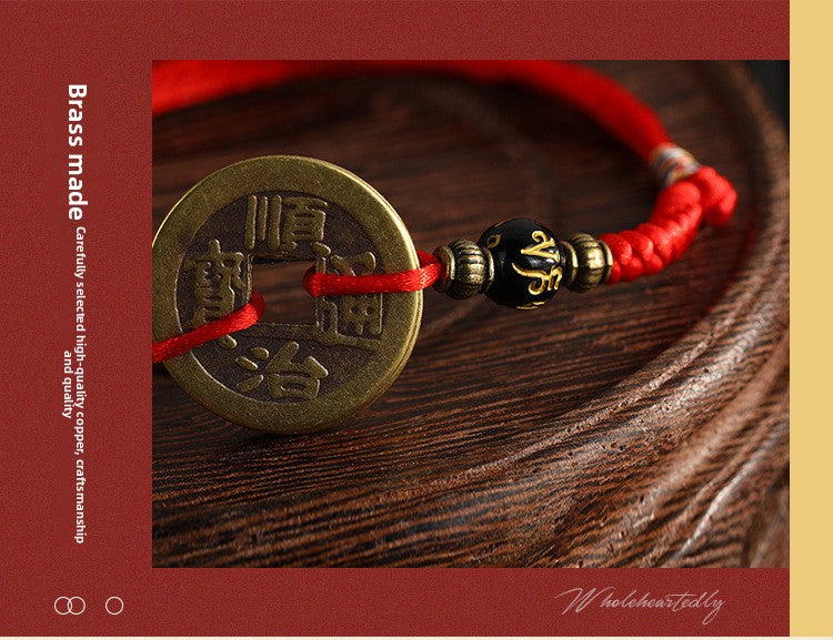 Five Emperor Coins Woven Bracelet Pure Copper Copper Coins Woven Five Emperor Coins Qianlong Copper Coin Bracelet Red String