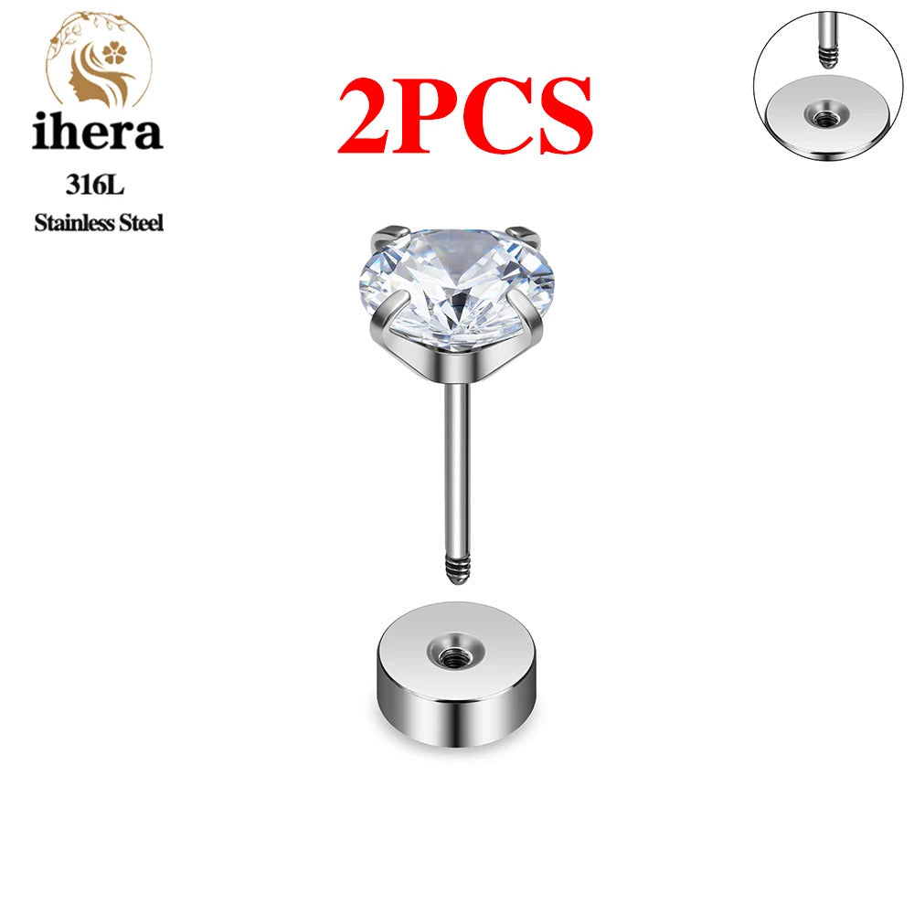 2/10PCS Stainless Steel 4 Prong Ear Studs Earrings Round Crystal Zircon Women Men Tragus Cartilage Piercing Fashion Jewelry