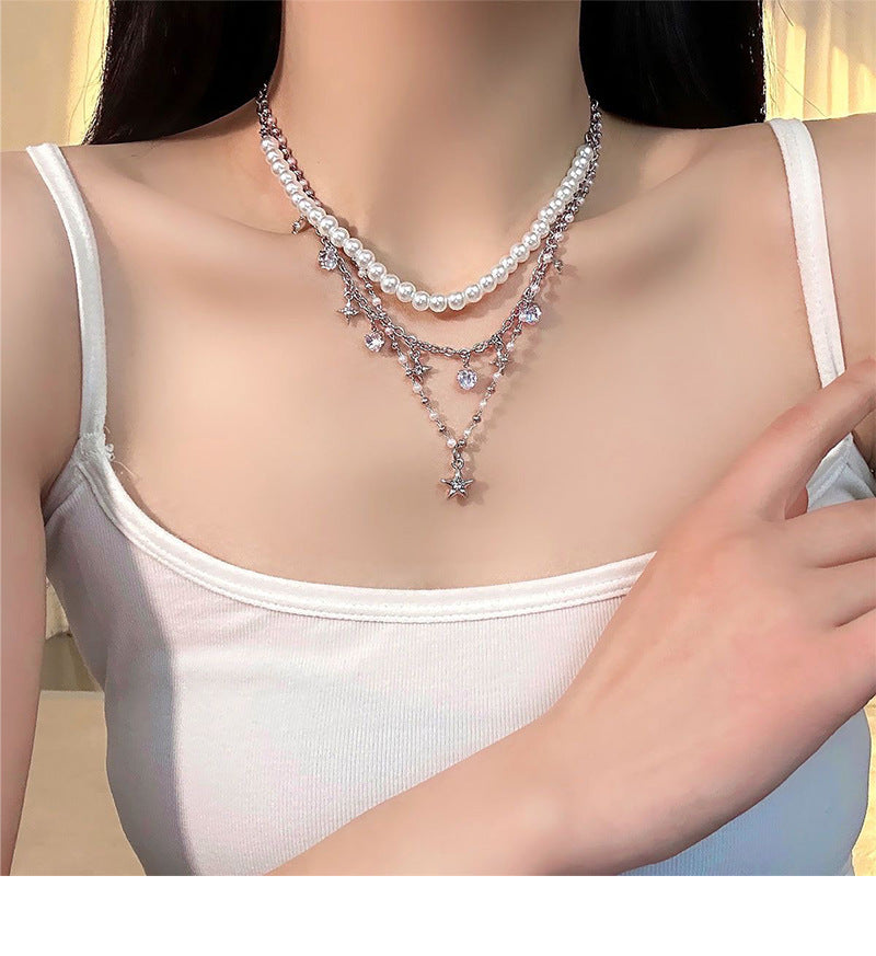 Iterative Five-pointed Star Pendant Pearl Necklace Cold Style Light Luxury Spice Clavicle Chain
