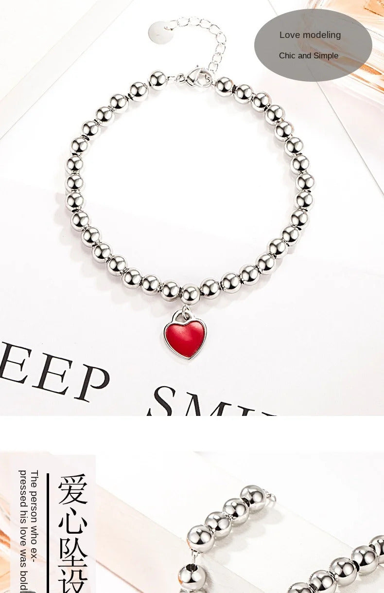 Designer 925 Silver Jewelry Necklace Woman Retro Heart-Shaped Enamel For Girls Cute Silver Bead Birthday Gift