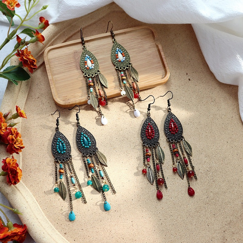Retro Bohemian Long Tassel Earrings Women's Ethnic Style Water Drop Earrings All-match Elegant Holiday Earrings