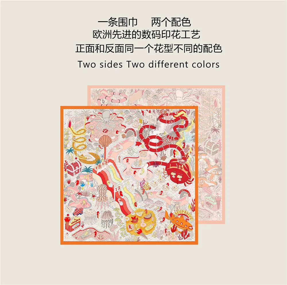 90Cm High-quality Twill Silk Double-sided Printing Submarine Playground Women's Large Square Scarf Scarf Chest Wrap Scarf