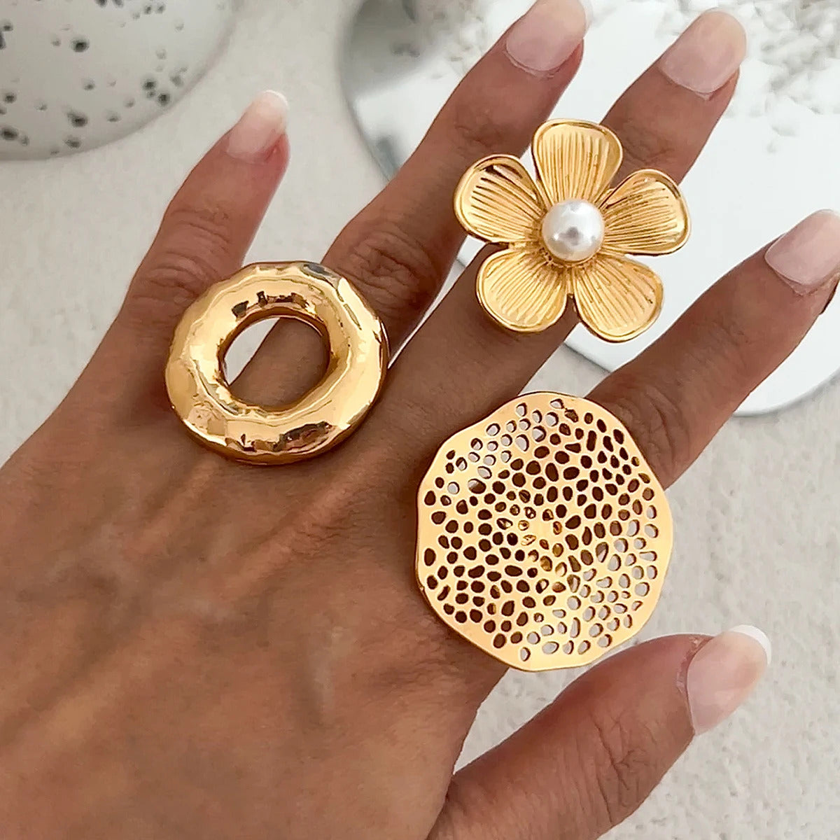 Ingemark Creative Unique Metal Petal Flower Branch Open Ring Women Punk Gold Color Geometric Adjustable Rings Y2K Couple Jewelry
