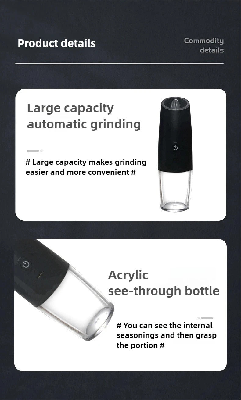 USB Rechargeable Electric Salt and Pepper Grinder Adjustable Coarseness Large Capacity Auto Spices Grinders Kitchen Cooking Tool