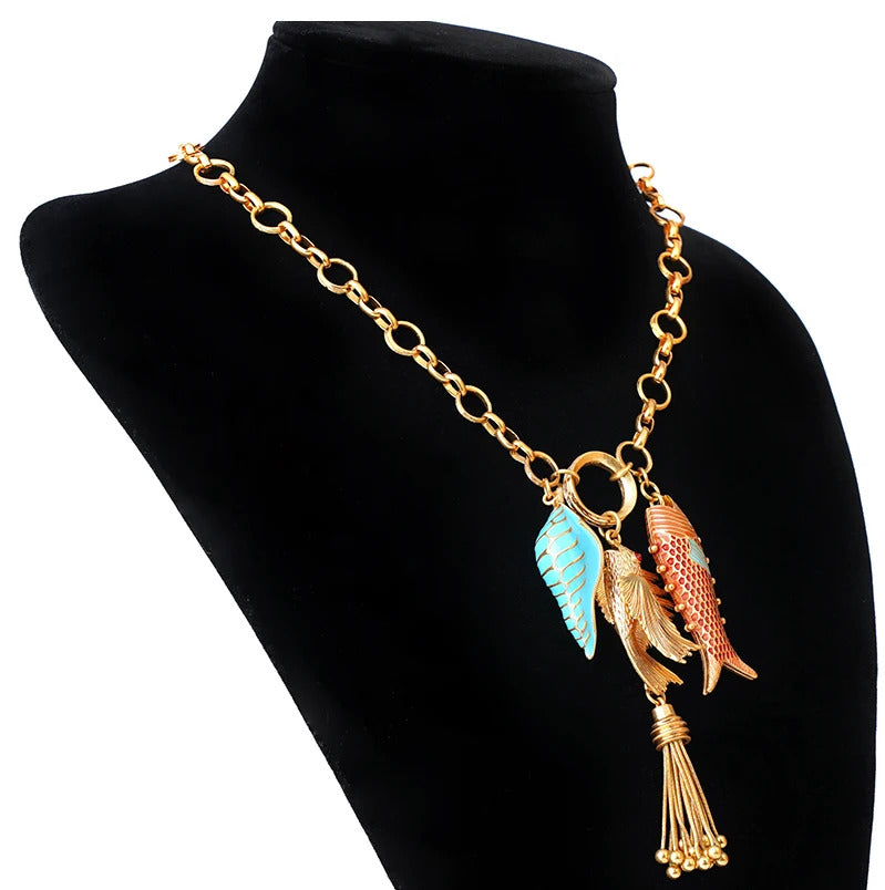 Cute Sea whale Necklace Pendant Chain Fish Fashion Jewelry Chic Mermaid Tassel Conch Dangle Choker Ocean Beauty Accessory