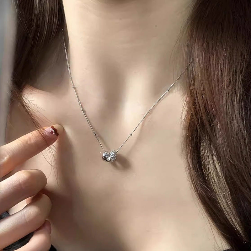 S925 Sterling Silver Double Ring Zircon Necklace Women's Light Luxury Double Ring Niche Clavicle Chain High-grade Sense Woolen Chain New Style