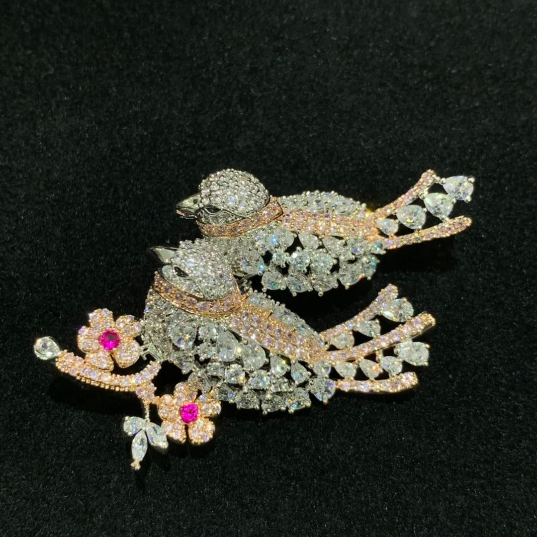 copper with cubic zircon birds brooch pin pink yellow multi color single double birds fashion women & men jewelry free shipping
