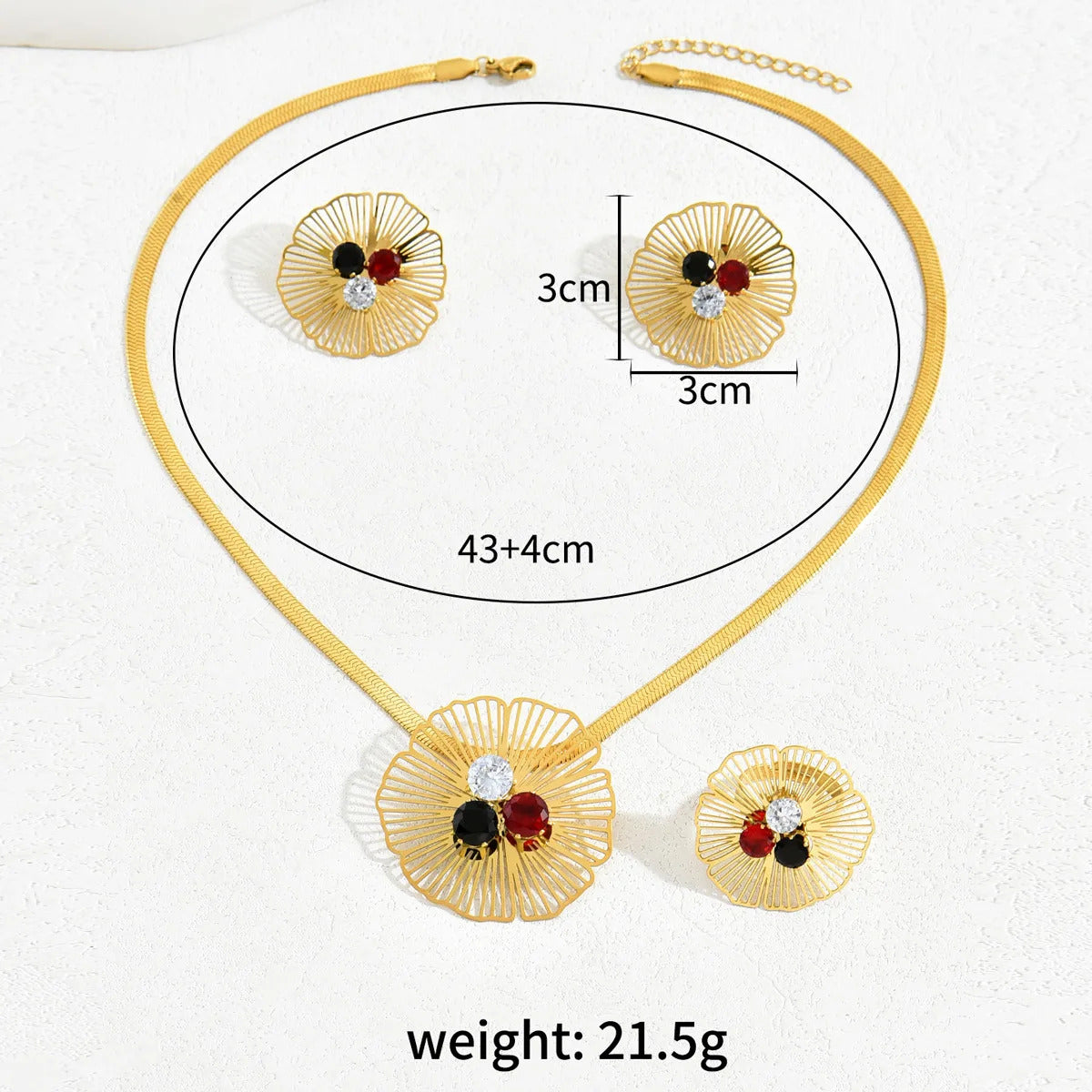 3Pcs Stainless Steel Colorful Zircon Hollow Flower Pattern Necklace Earrings Ring for Women Luxury Design Jewelry Set Party Gift