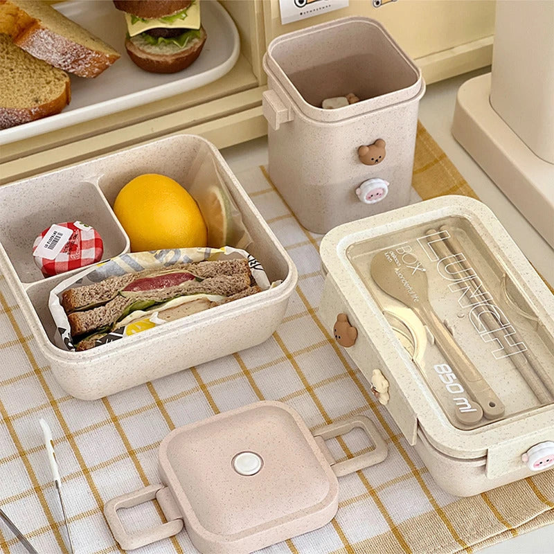 1100ML Lunch Box For Kids School Adults Office Wheat Straw Microwave Picnic Storage Portable Big Bento Box With Spoon Chopsticks