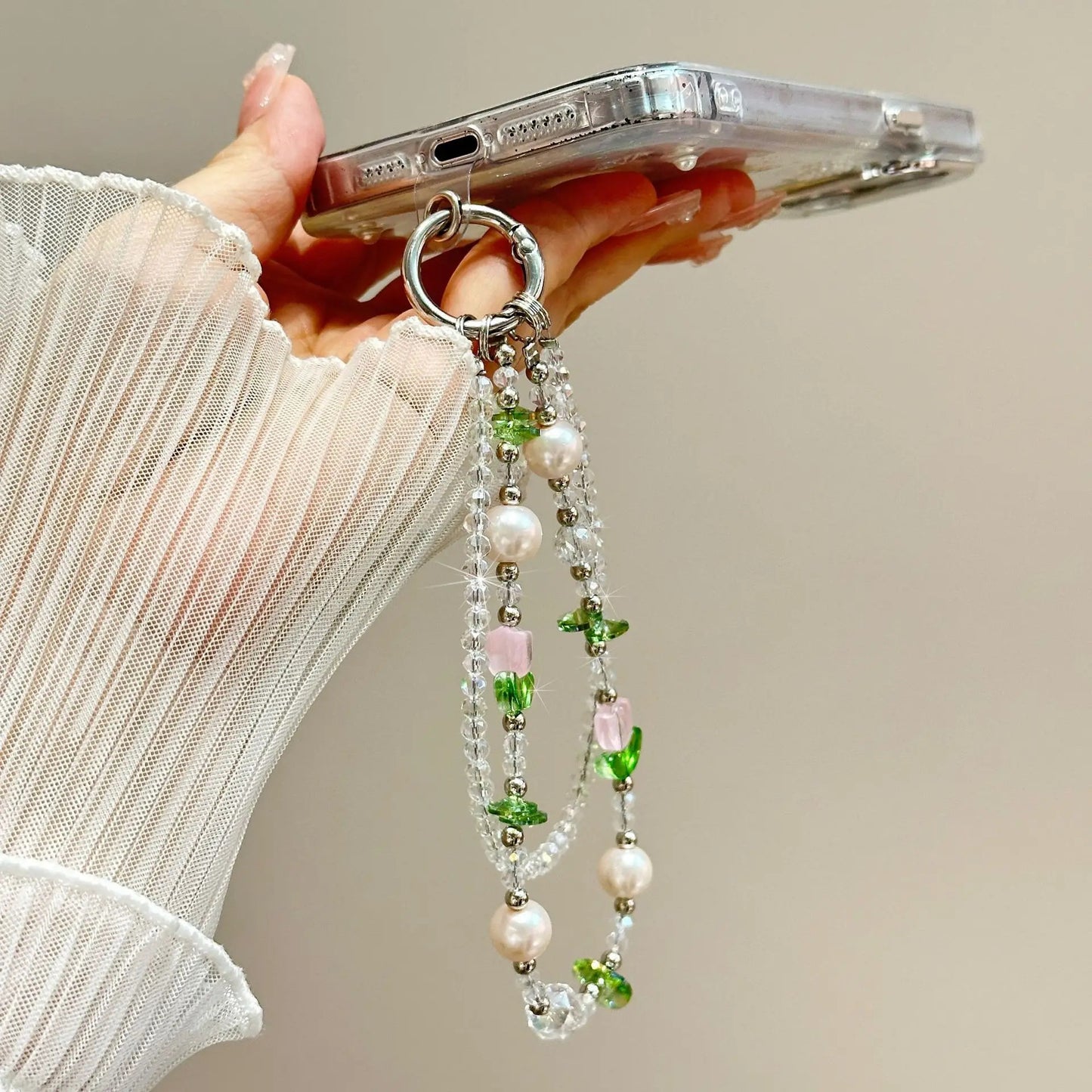 For 16 Mobile Phone Chain Dazzle Tulip Butterfly Double Chain Crystal 15 Mobile Phone Case Chain Lanyard Gradient Niche Fashion