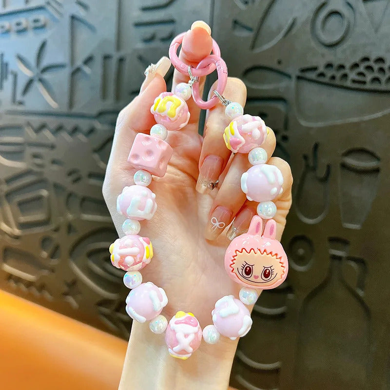 New Labubu wool ball bead Phone Chain Girls Kawaii Cartoon Backpack Pendant Cute Keychain Lanyard Bag Charm Mobile Case Gift