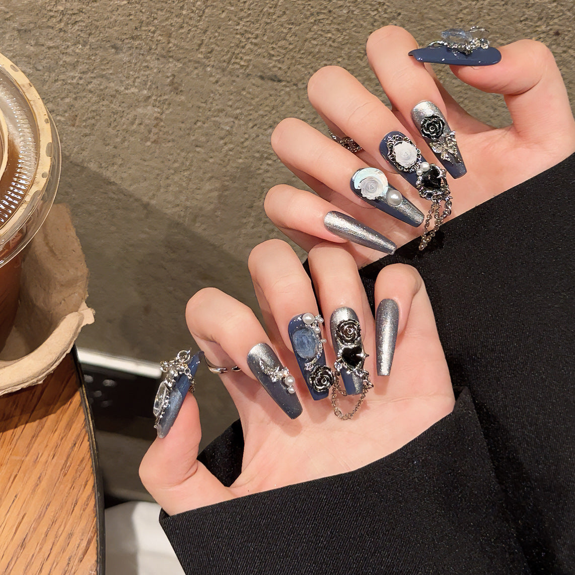 Rikaman Handmade Wearable Nails Heavy Blue Evening Nail Art Shiny Luxurious Rose Niche Style Hot Girl Nail Art Detachable