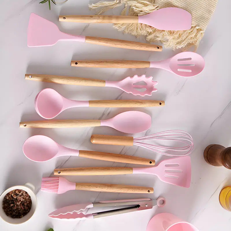 12pc Chef Silicone Tools - Wooden Handle Utensils for Pots/Pans ✔Dishwasher Safe & BPA-Free (Includes Storage Caddy)