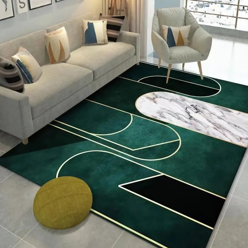 Luxury Modern Geometric Living Room Carpets Home Decoration Golden Green Rugs for Bedroom Washable Fluffy Large Area Mat Bedside
