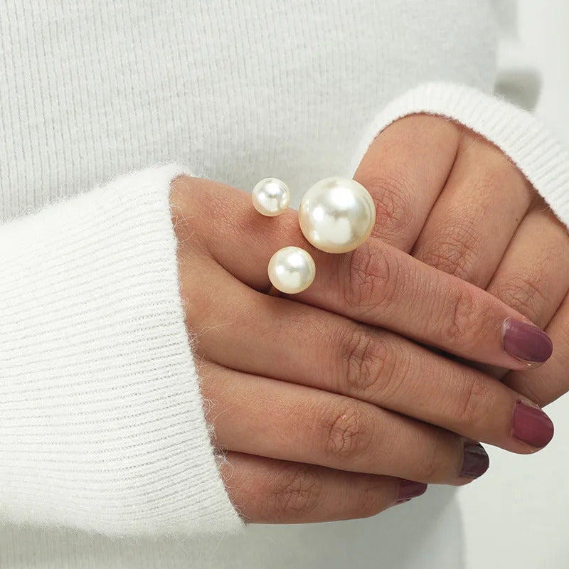 Vintage White Pearl Geometric Rings For Women Exaggerated Metal Irregular Double Layer Large Pearl Rings Party Jewelry