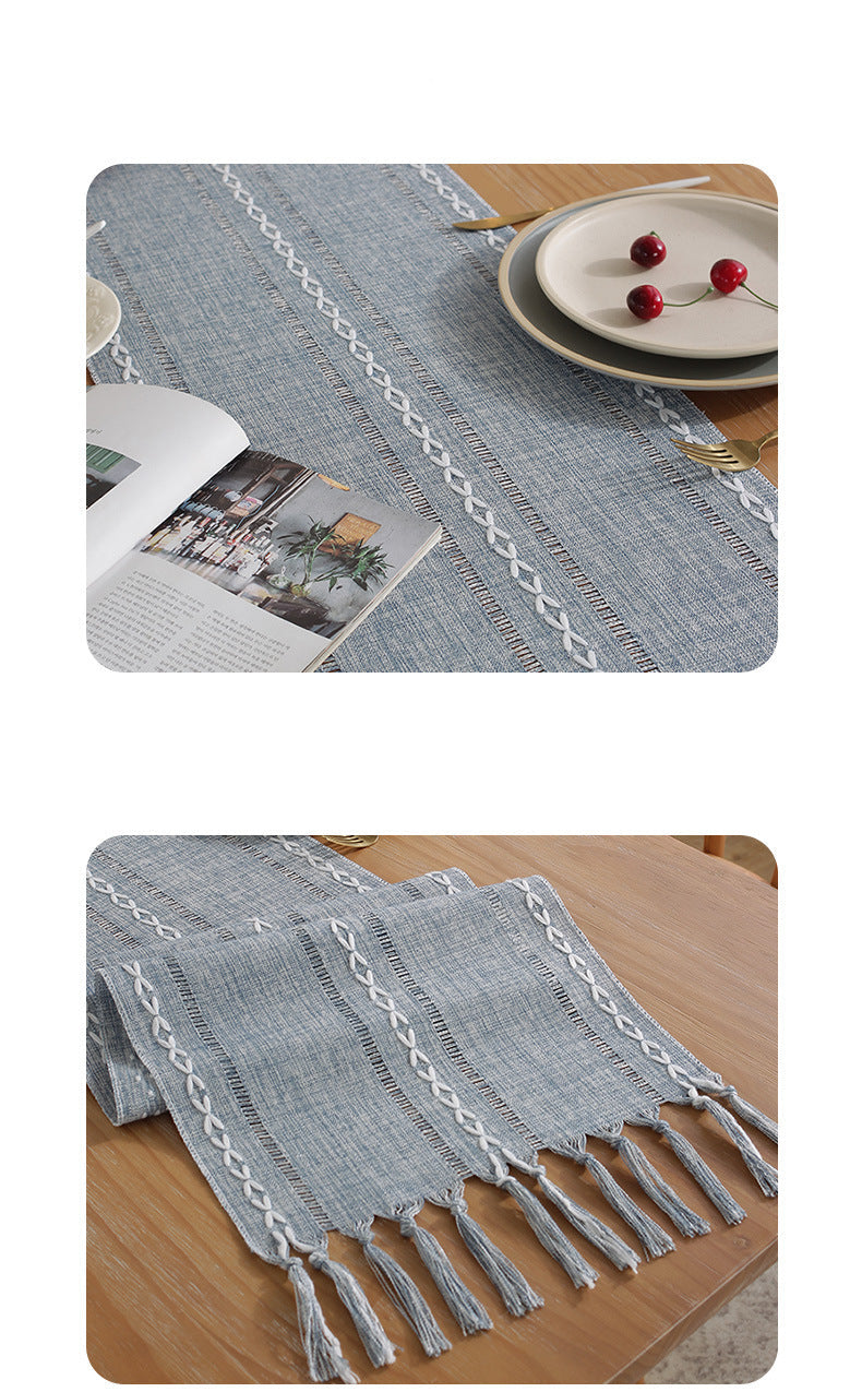 Cross-Border Trade Supply American Style Table Runner Cotton Linen Tablecloth Handmade Tassel Coffee Table Mat Home Long Table Decoration Cloth