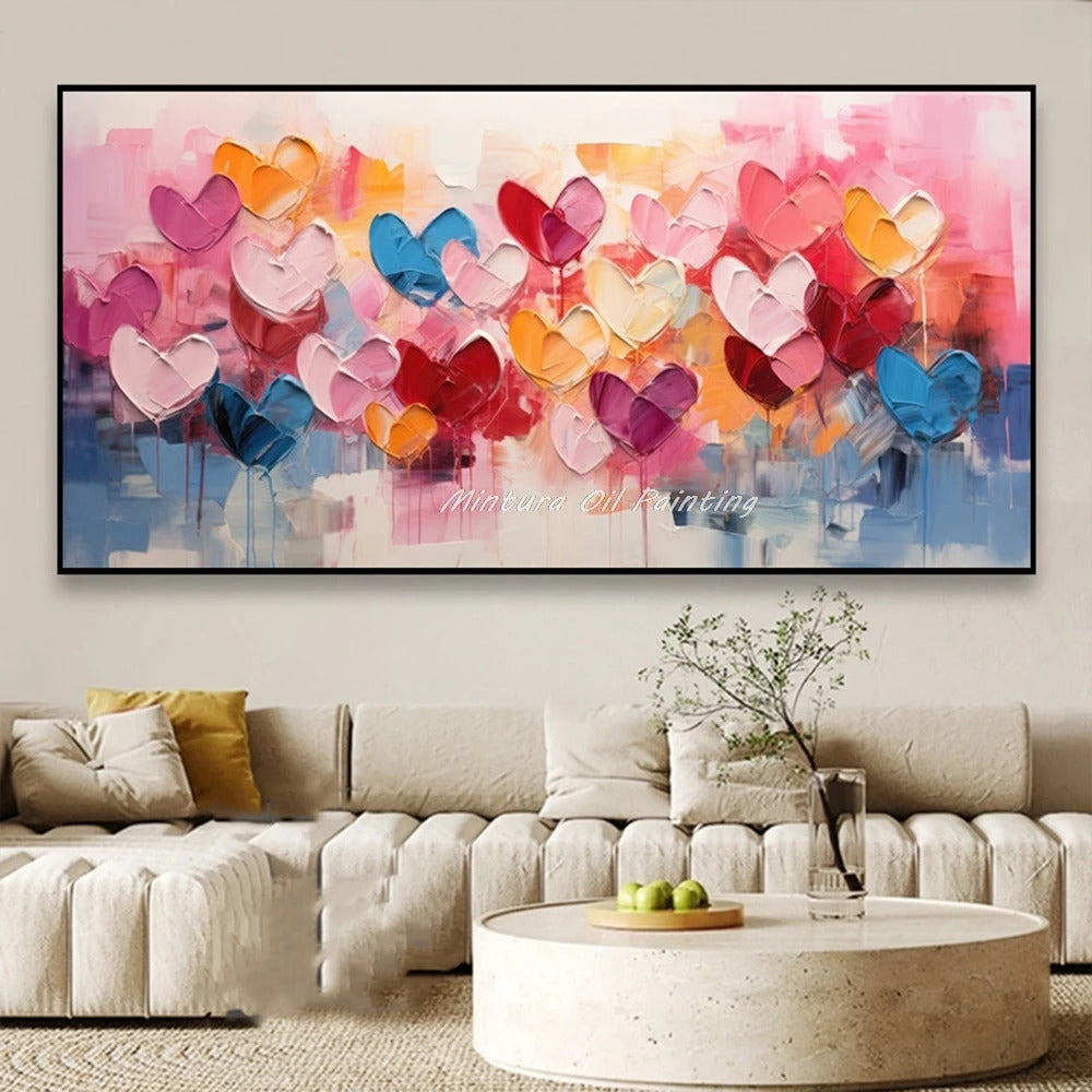 Mintura,100% Handmade Knife Graffiti Pink Red Heart Oil Painting on Canvas,Modern Abstract Wall Art Picture,Room Home Decoration