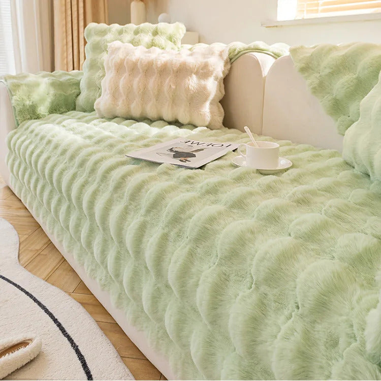 Rabbit Plush Sofa Cover Winter Thickening Warm Plush Cushions Non-Slip Living Room Leather Sofa Backrest Armrests Super Soft