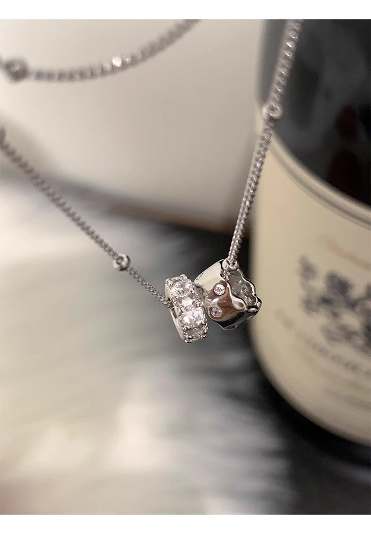 S925 Sterling Silver Double Ring Zircon Necklace Women's Light Luxury Double Ring Niche Clavicle Chain High-grade Sense Woolen Chain New Style