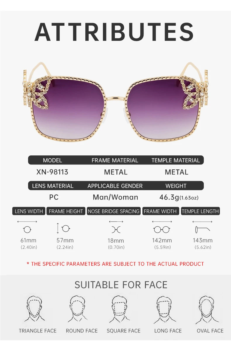 Oversized Square Sunglasses Women Rhinestone Butterfly Frame Sun Glasses 2025 Luxury Brand UV400 Protection Eyewear For Ladies