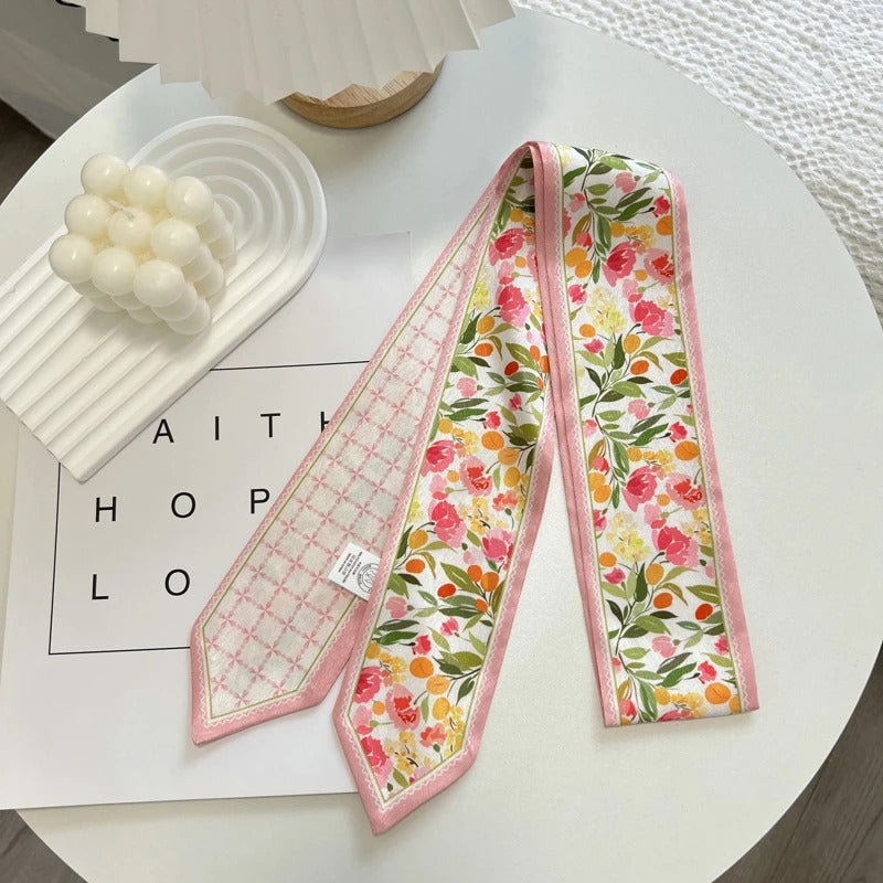 High-Grade Flower Print Long Silk Scarf Hair Band Ribbon Tied-up Hair Long Bow Vintage Satin Ribbon Hair Accessories For Women